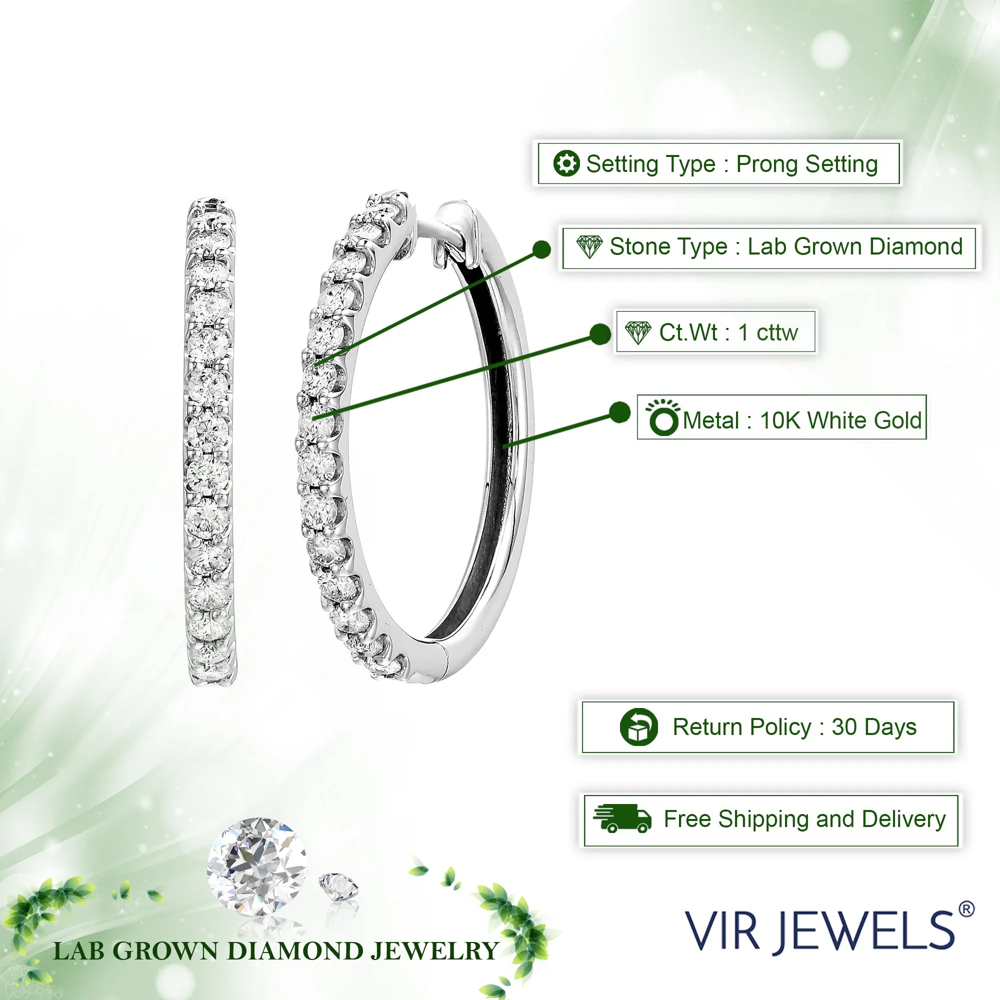 1 cttw Lab Grown Diamond Hoop Earrings 10K White Gold Round Prong Set 1 Inch