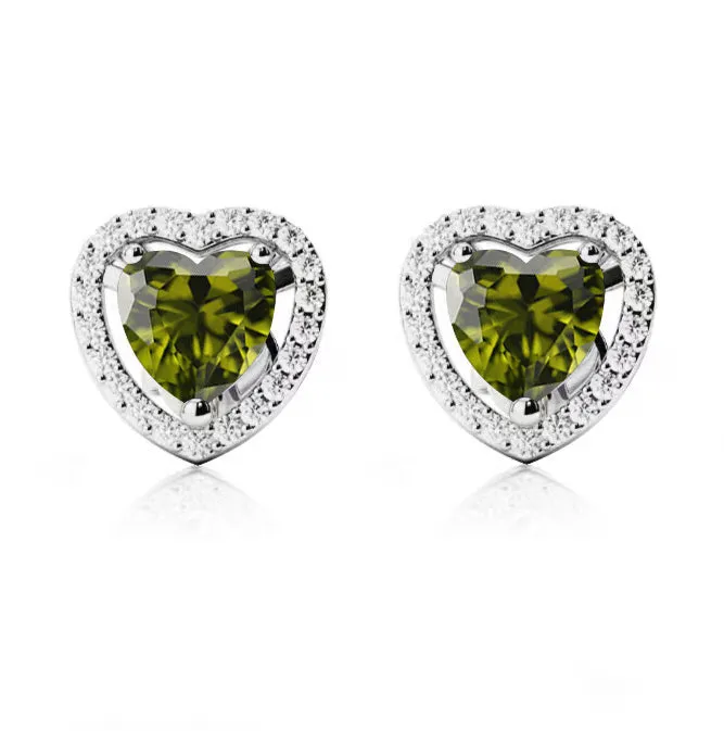 10k White Gold Plated 4 Ct Created Halo Heart Peridot Stud Earrings
