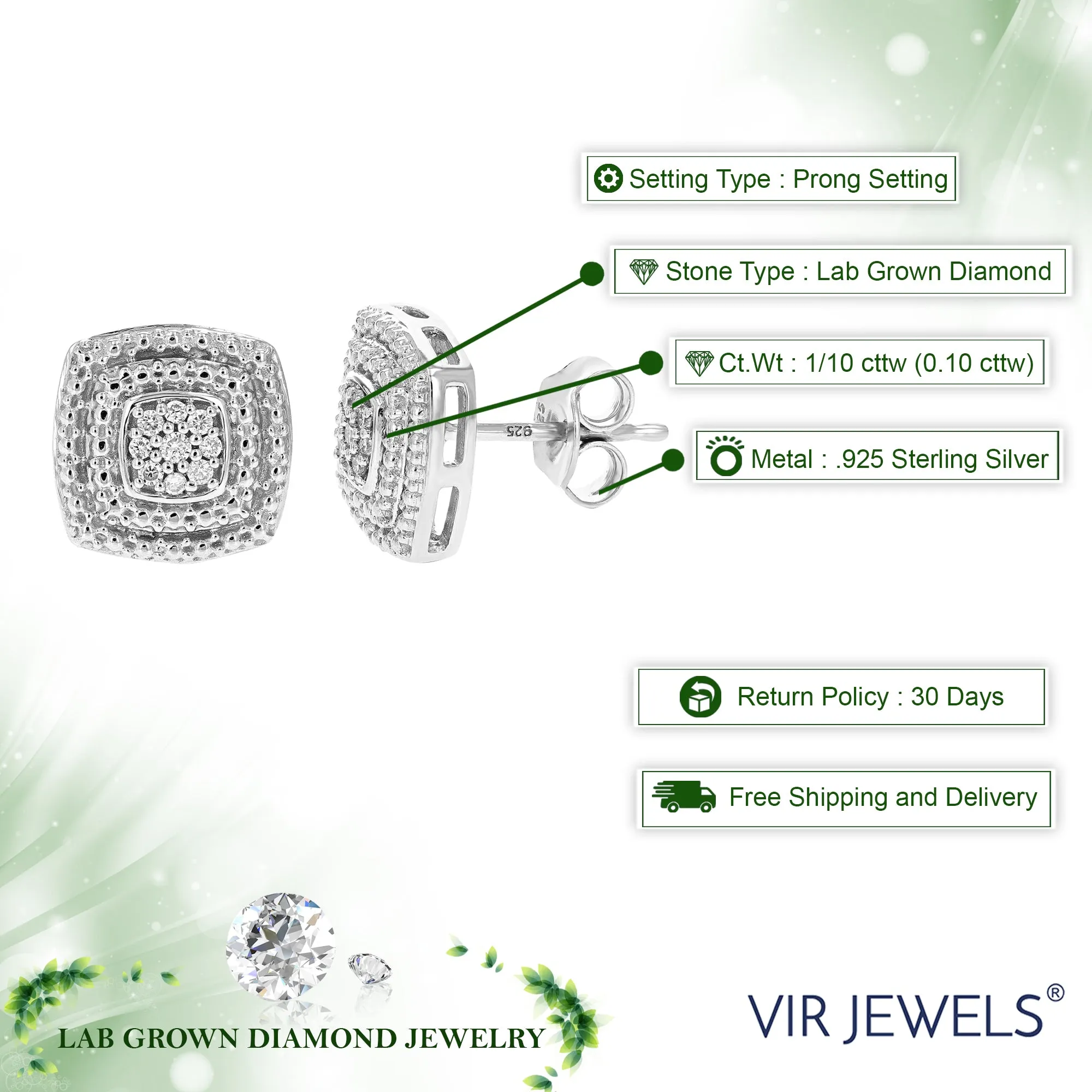 1/10 cttw Round Lab Grown Diamond .925 Sterling Silver Stud Earrings Push Back Prong Set
