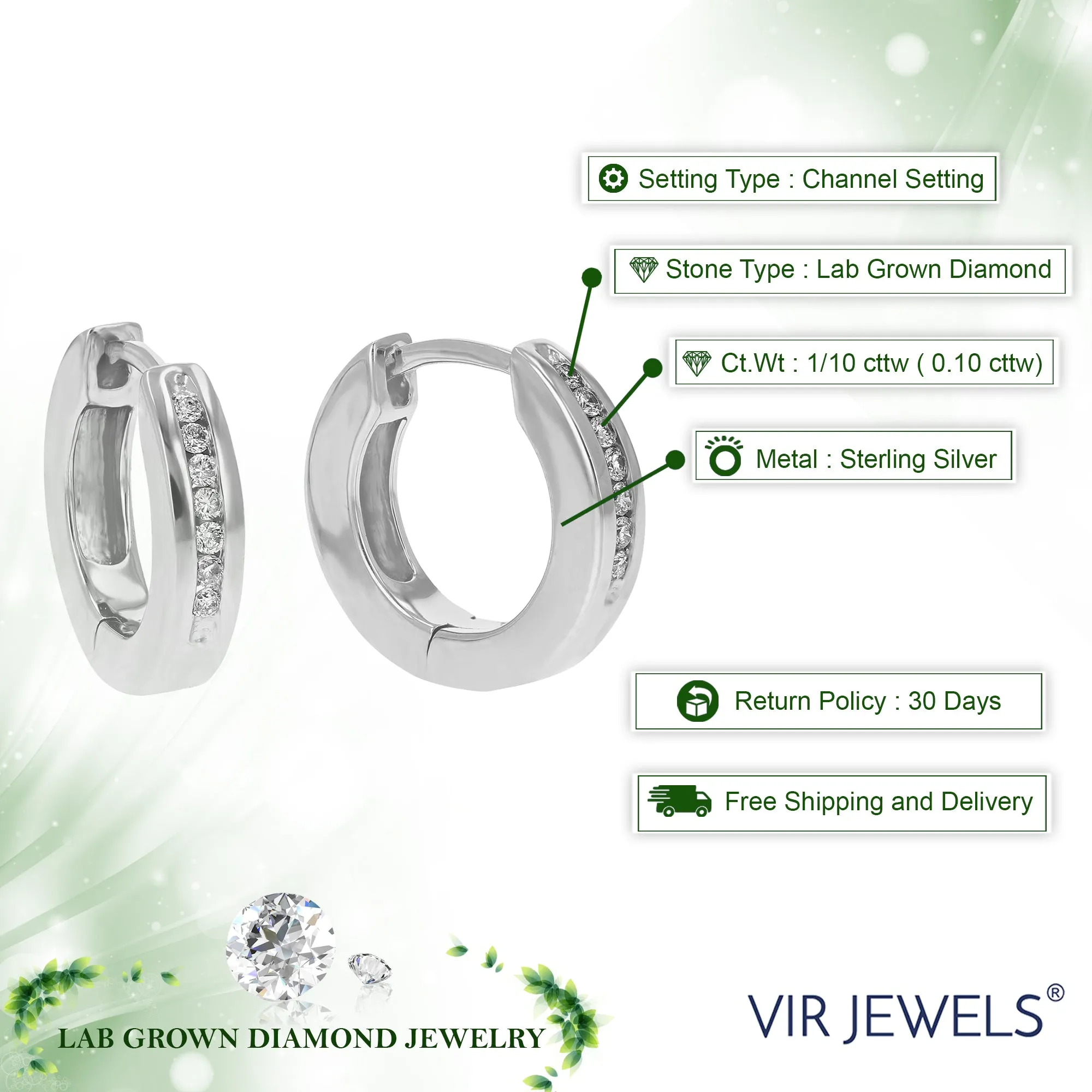 1/10 cttw Round Lab Grown Diamond Hoop Earrings for Women in .925 Sterling Silver Channel Set 2/5 Inch