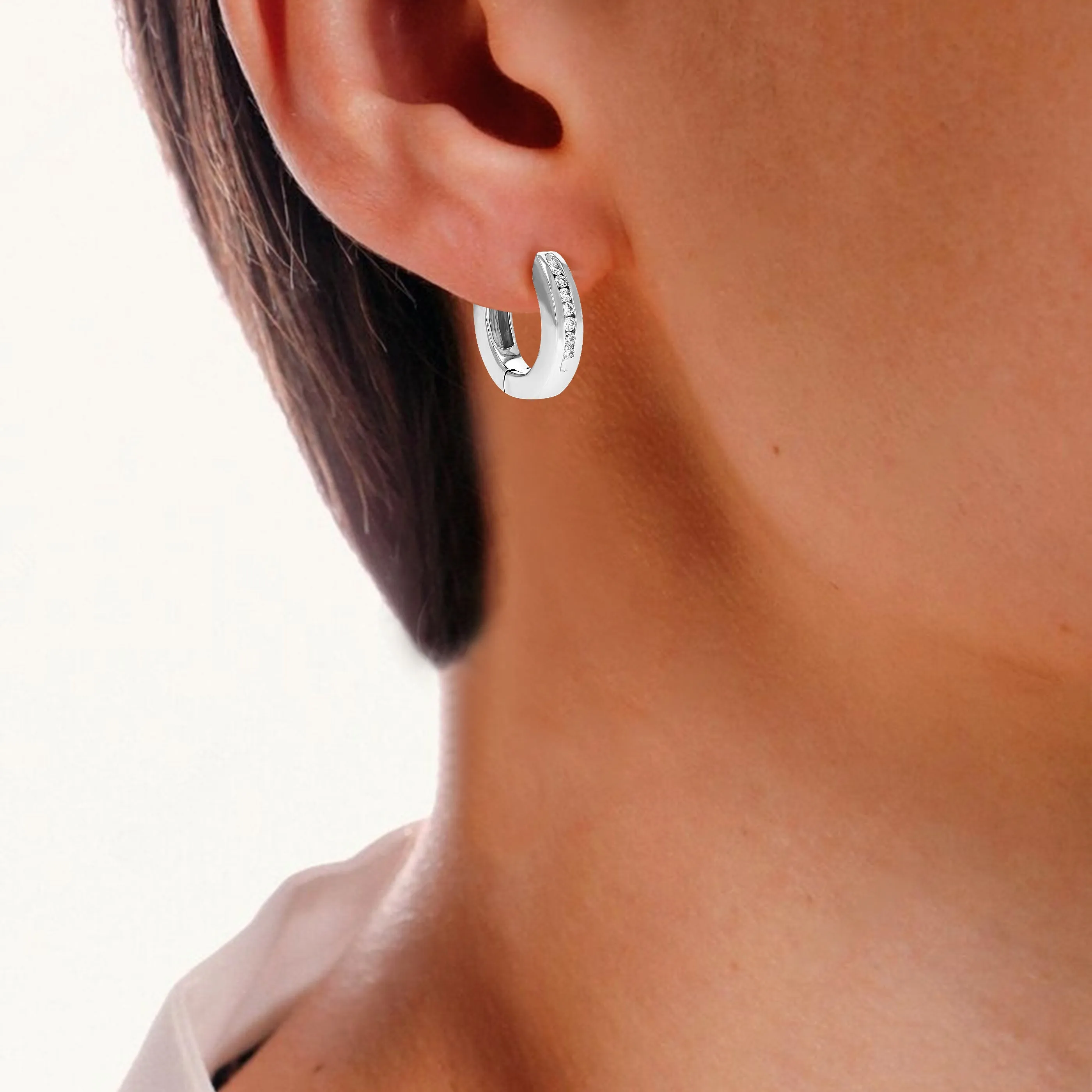 1/10 cttw Round Lab Grown Diamond Hoop Earrings for Women in .925 Sterling Silver Channel Set 2/5 Inch