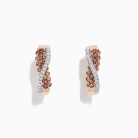 14K 2-Tone Gold Brown and White Diamond Crossover Hoop Earrings, 1.00 TCW