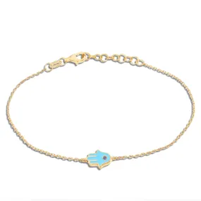 14K Gold Blue Enamel Hamsa Charm Bracelet
