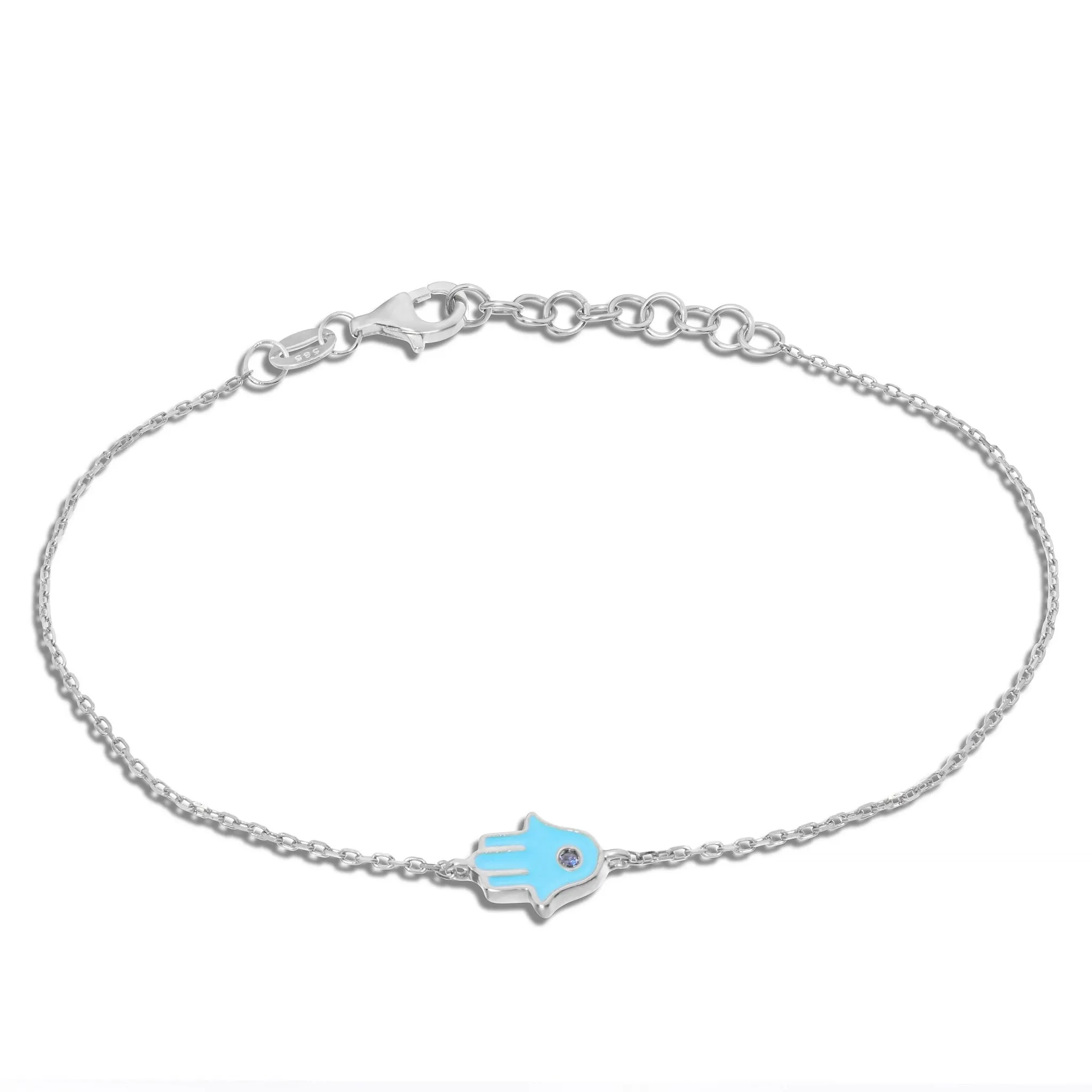 14K Gold Blue Enamel Hamsa Charm Bracelet