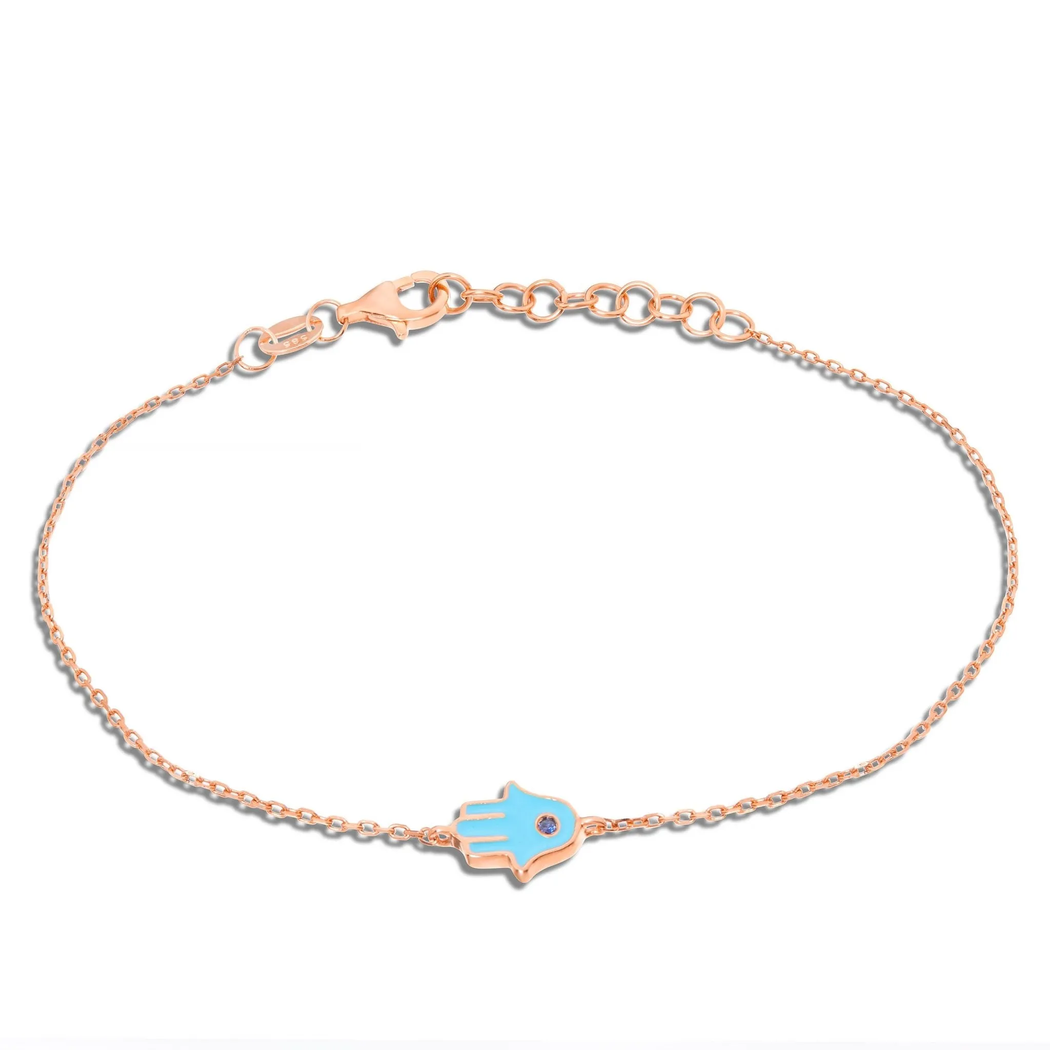 14K Gold Blue Enamel Hamsa Charm Bracelet