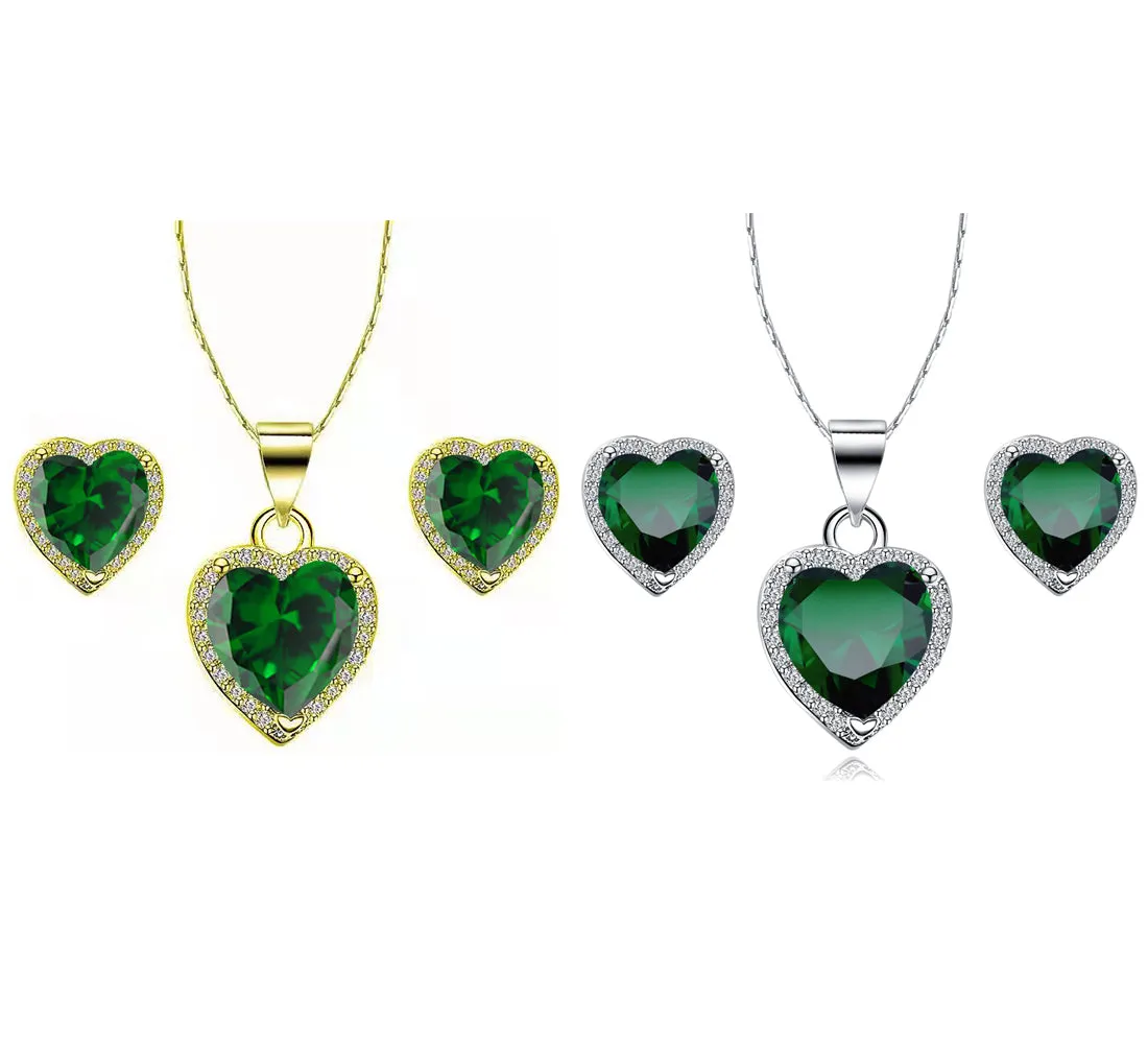 14k Yellow and White Gold 1Ct Created Emerald CZ Full Necklace Set 18 inch Plated