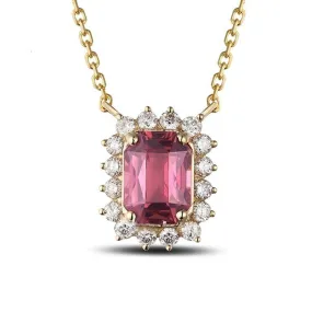14k Yellow Gold Necklace Clavicle Pendant with 1.72ct Pink Emerald Cut Tourmaline Diamond