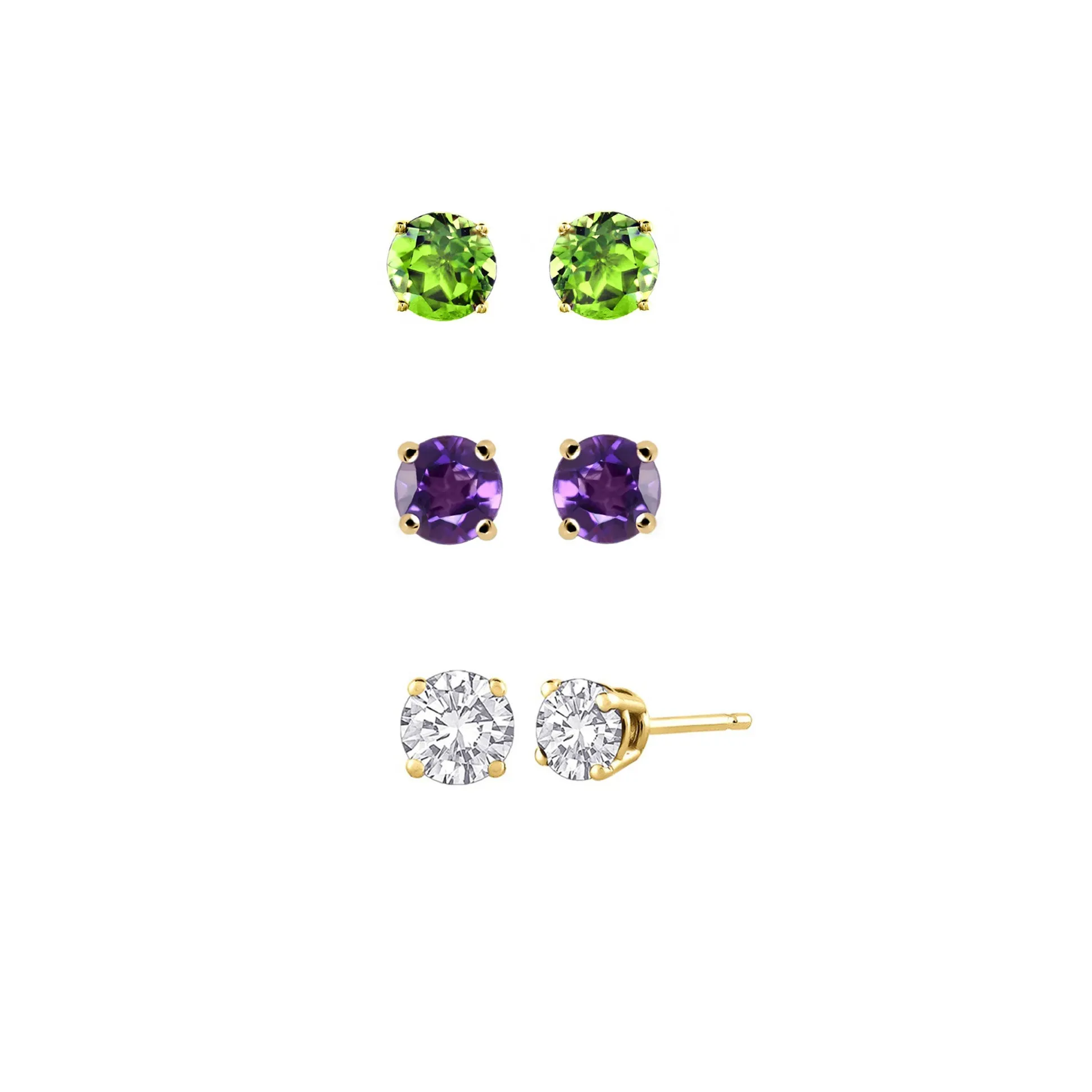 14k Yellow Gold Plated 3Ct Created Peridot, Amethyst and White Sapphire 3 Pair Round Stud Earrings