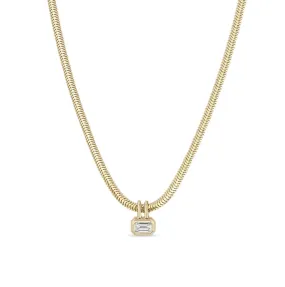 14KY Emerald Cut Diamond Pendant Snake Chain Necklace