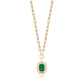 18K Gold G-One Emerald & Diamond Pendant Necklace