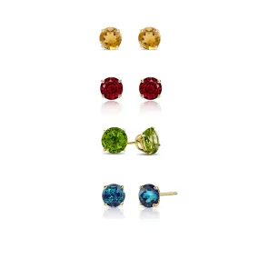 24k Yellow Gold Plated 4Ct Created Citrine, Garnet, Peridot and Alexandrite 4 Pair Round Stud Earrings