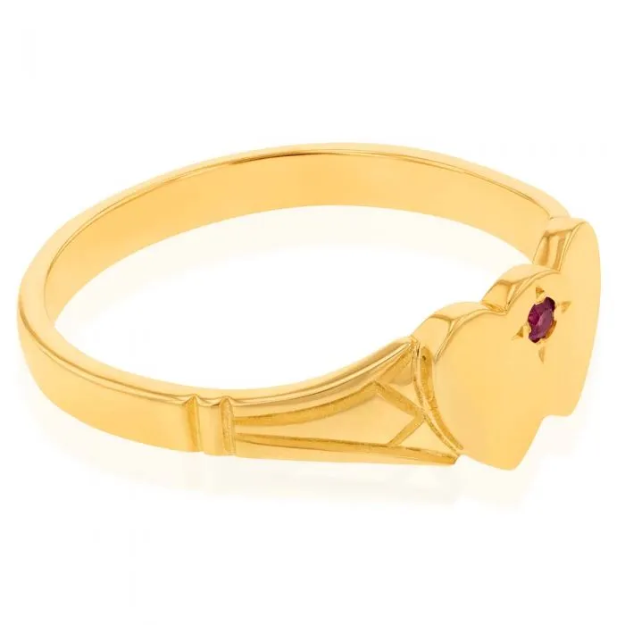 9ct Yellow Gold Ruby 2Heart Signet  Ring Size L