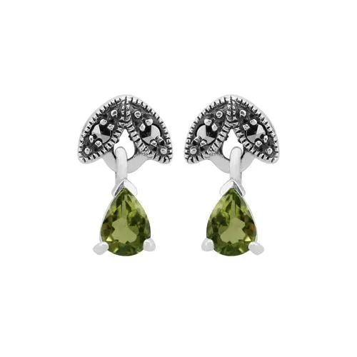 Art Nouveau Stil Peridot & Markasit Birnenförmige Tropfen Ohrstecker in 925 Sterling Silber