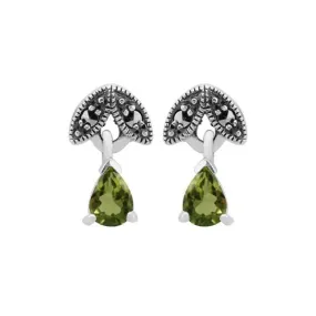 Art Nouveau Stil Peridot & Markasit Birnenförmige Tropfen Ohrstecker in 925 Sterling Silber
