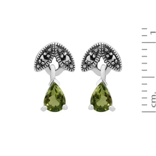 Art Nouveau Stil Peridot & Markasit Birnenförmige Tropfen Ohrstecker in 925 Sterling Silber