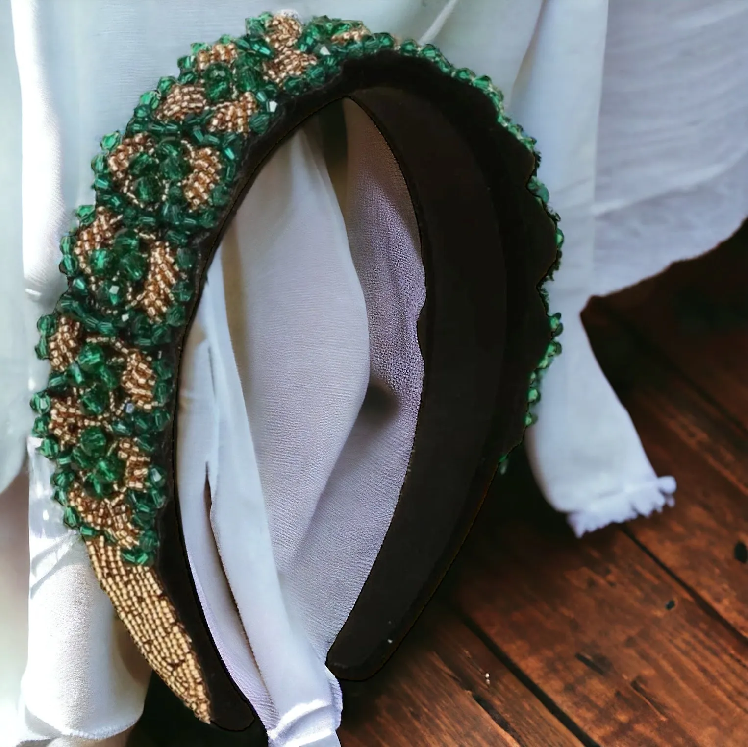 Beaded Green and Gold Headband - Handmade Headpiece, St. Patrick’s Day Headband, Holiday Headpiece, Beaded Headband