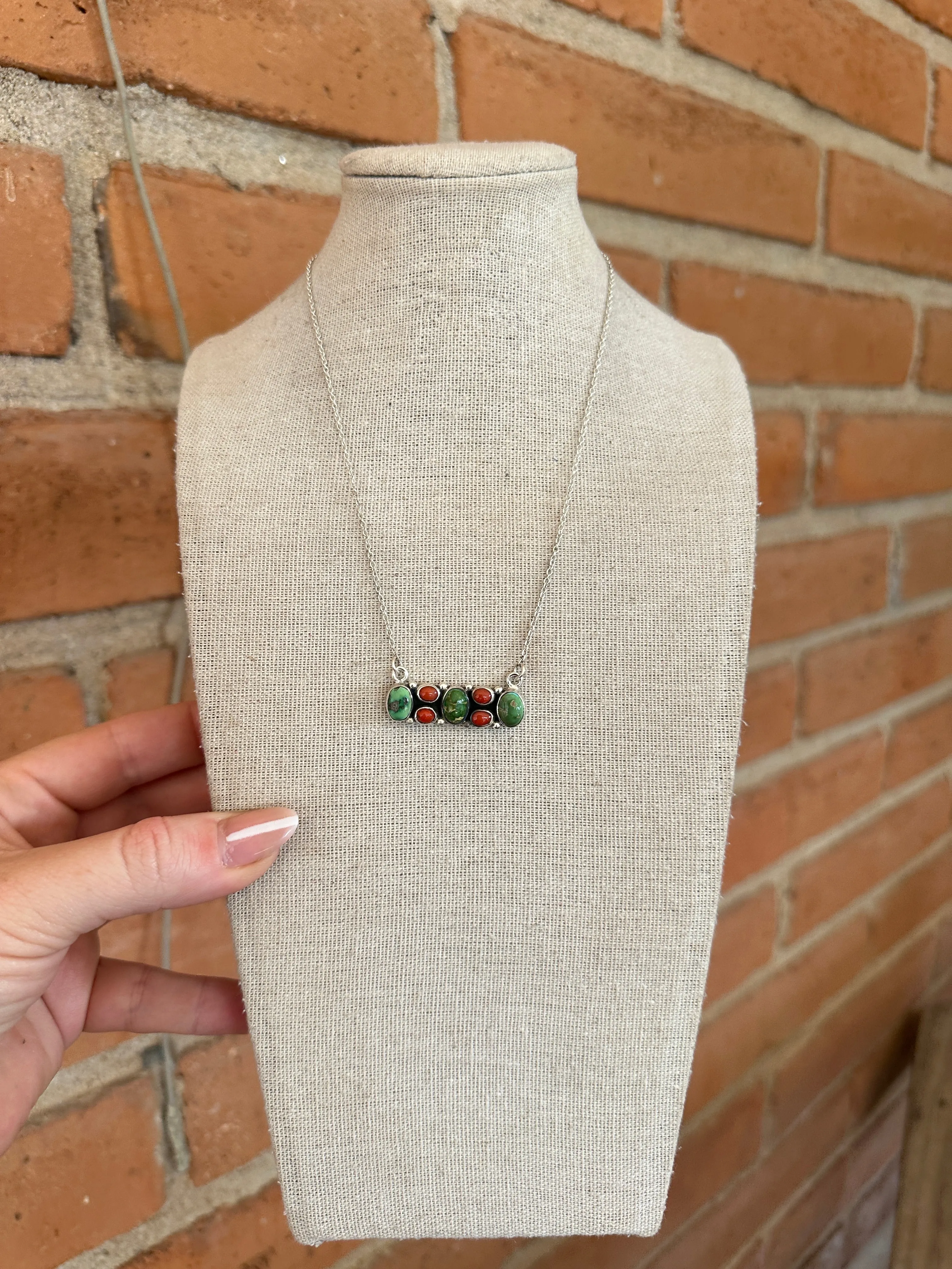 Beautiful Handmade Sterling Silver, Coral & Sonoran Turquoise Bar Necklace