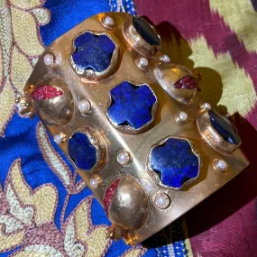 Blue Lapis, Ruby Red and Gold Brass Cuff