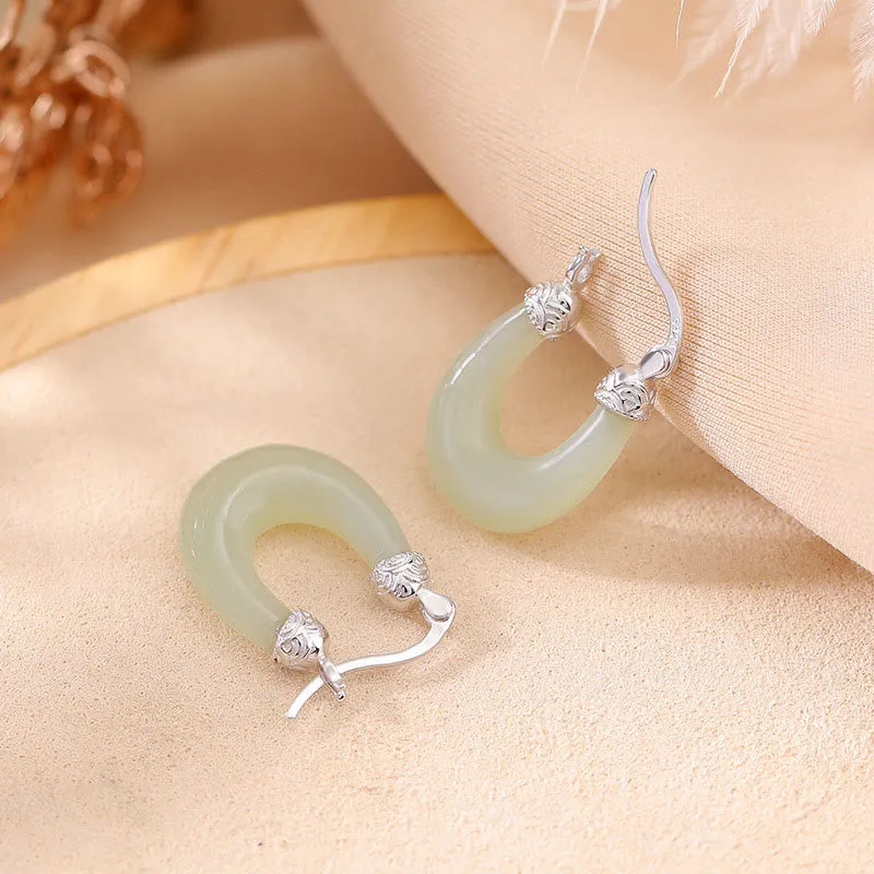 Buddha Stones 925 Sterling Silver Plated Gold Hetian Jade U-shaped Abundance Luck Earrings