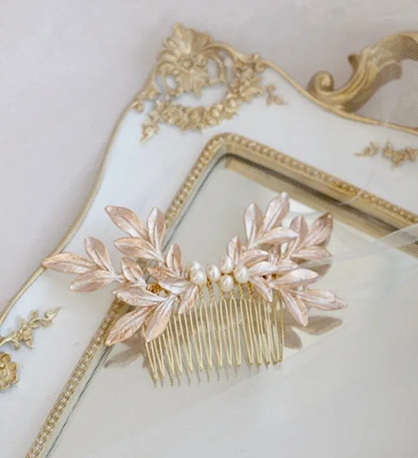 C109. blush pink leaf hair comb for bride