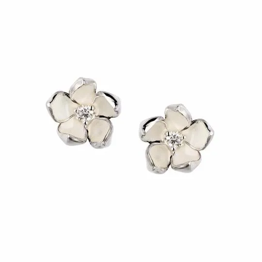 Cherry Blossom Flower Earrings - Silver & Diamond