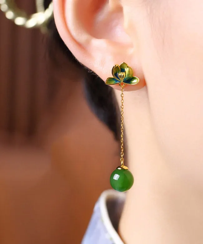 Chic Green Sterling Silver Jade Enamel Lotus Tassel Drop Earrings LY2212