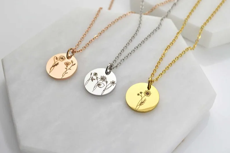 Combined Birth Flower Necklace, Floral Necklace, Birth Month Necklace, Necklaces for Women, Birthday Gift, Engraved Necklace Christmas Gifts