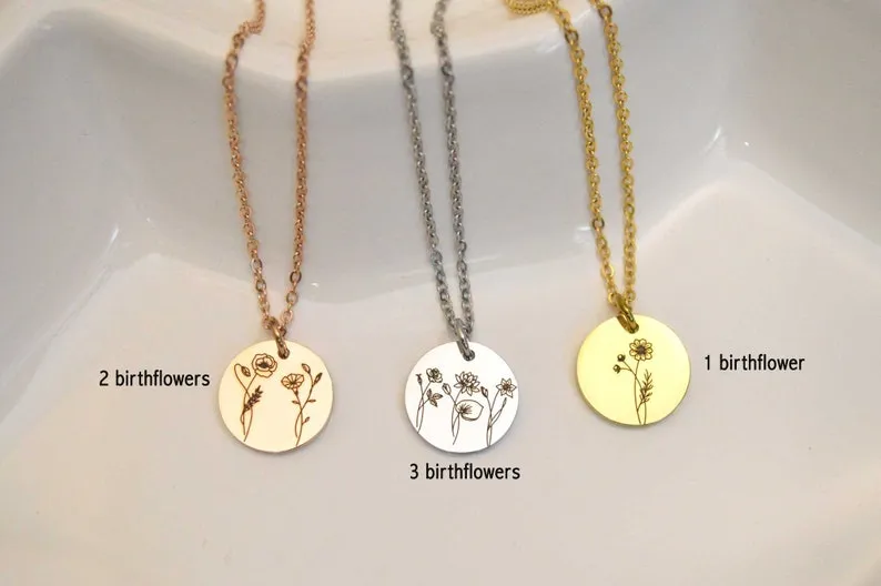 Combined Birth Flower Necklace, Floral Necklace, Birth Month Necklace, Necklaces for Women, Birthday Gift, Engraved Necklace Christmas Gifts