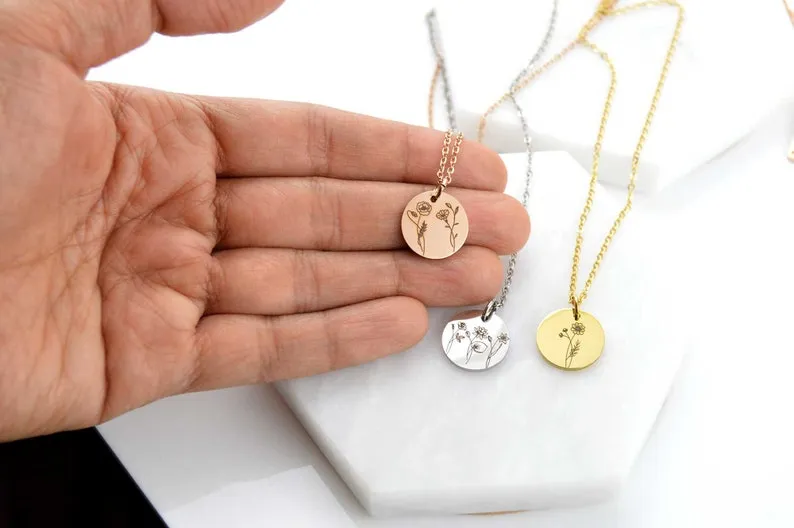 Combined Birth Flower Necklace, Floral Necklace, Birth Month Necklace, Necklaces for Women, Birthday Gift, Engraved Necklace Christmas Gifts