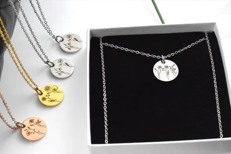 Combined Birth Flower Necklace, Floral Necklace, Birth Month Necklace, Necklaces for Women, Birthday Gift, Engraved Necklace Christmas Gifts