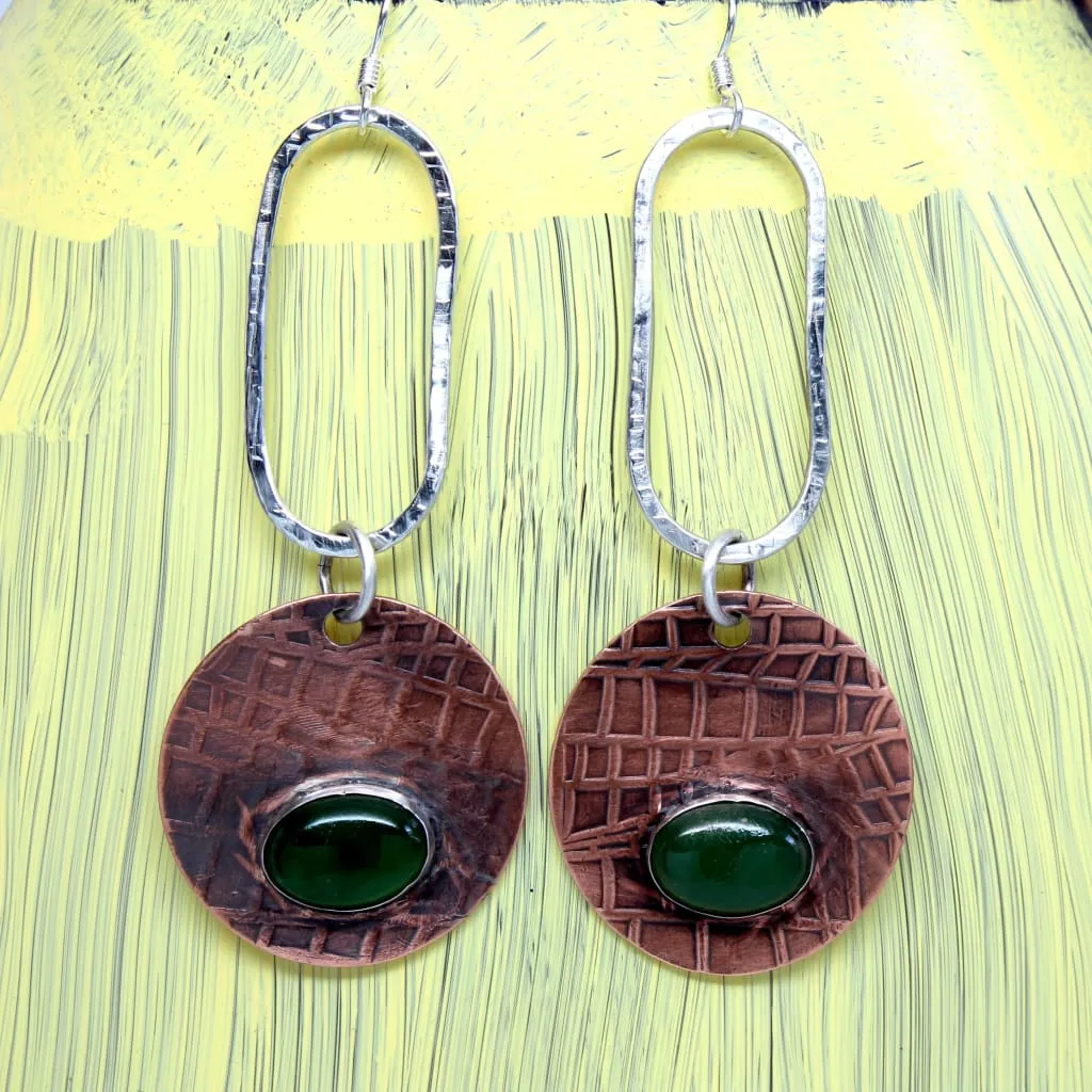 Copper, Argentium Silver and Jade Gemstone Long Dangle Earrings