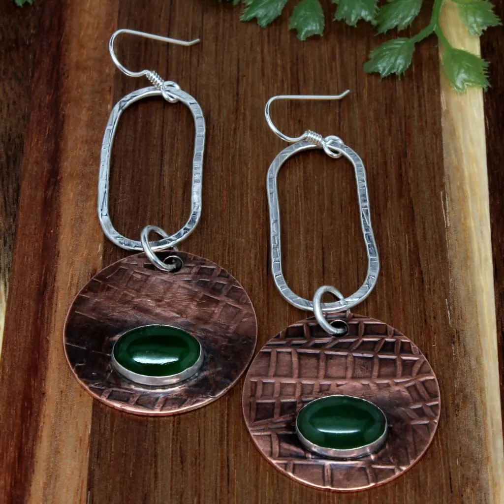 Copper, Argentium Silver and Jade Gemstone Long Dangle Earrings
