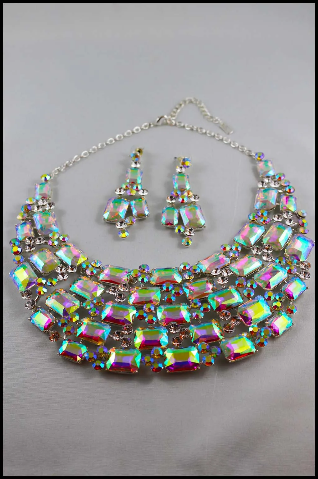 Crystal Emerald Cut Bib Collar Necklace Set