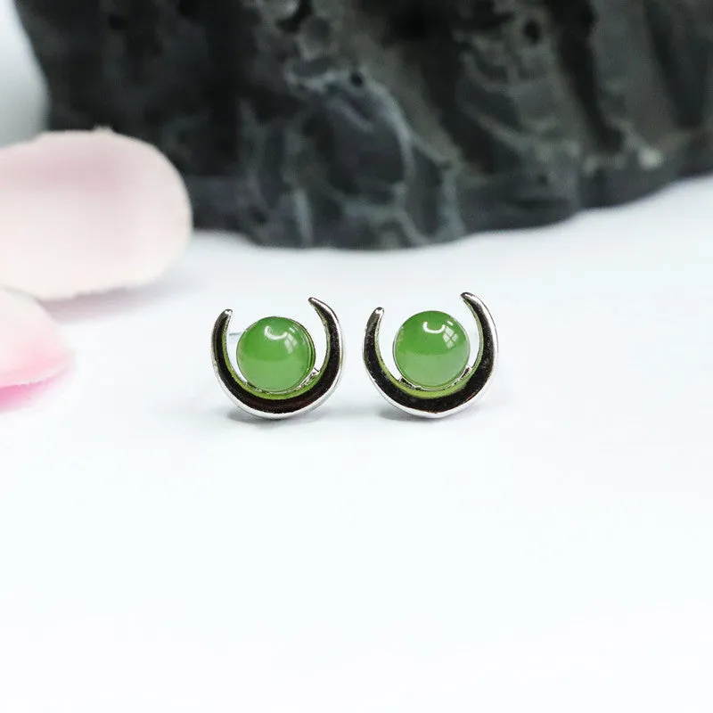 Curved Moon Earrings with Hotan Jade and Sterling Silver Needle