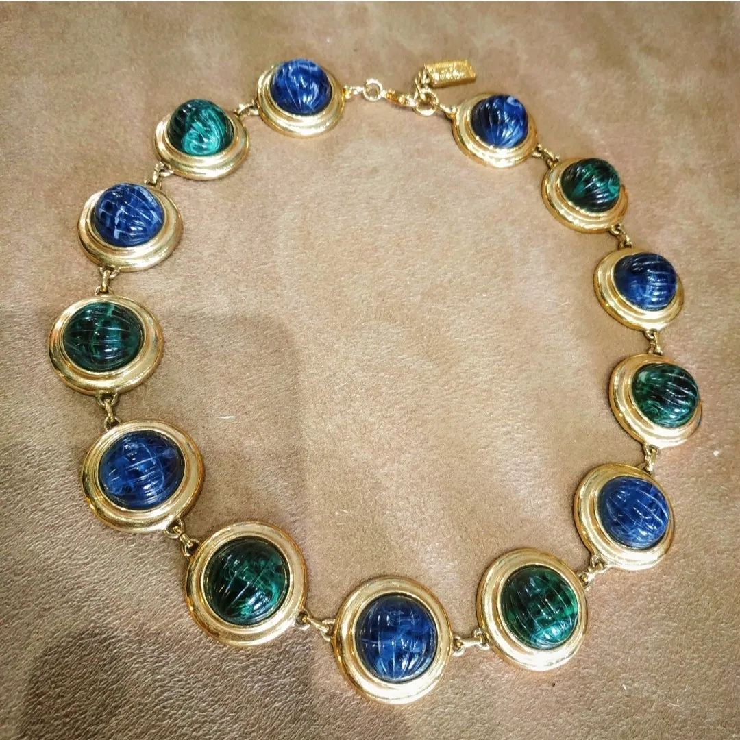 David Grau Vintage statement Blue Green Cabochon necklace
