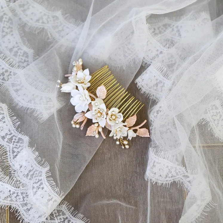 Delicate Wedding Gold Leaf Bridal  Porcelain Flower Hair Comb