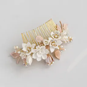 Delicate Wedding Gold Leaf Bridal  Porcelain Flower Hair Comb