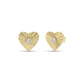 Diamond & Gold Ridged Heart Stud Earrings