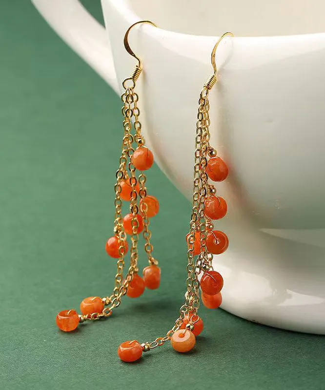 DIY Orange Jade Tassel 14K Drop Earrings LY9175