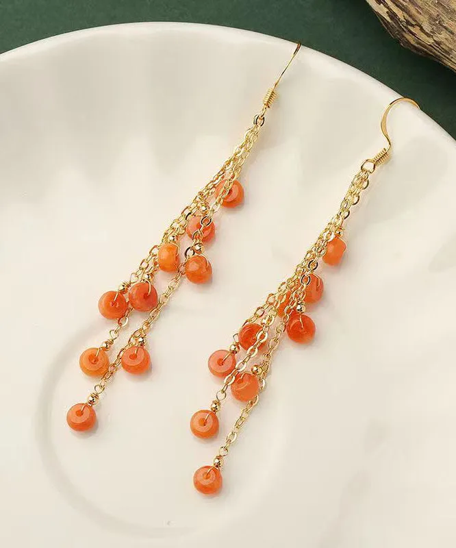 DIY Orange Jade Tassel 14K Drop Earrings LY9175