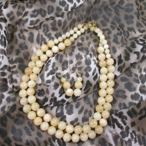 Double Strand Yellow Jade Necklace & Earrings