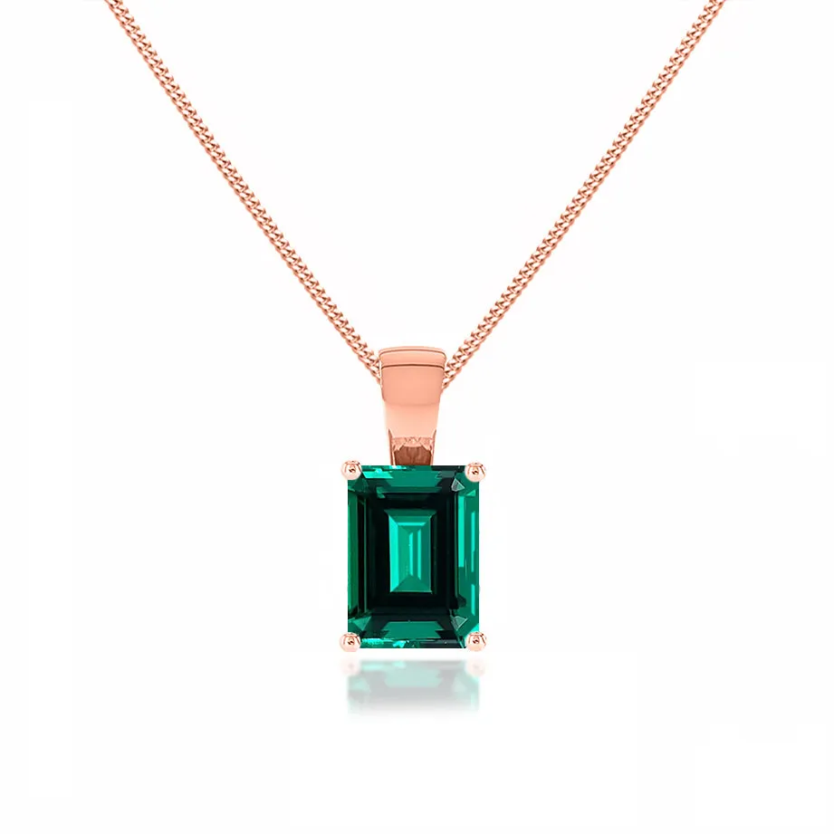 ELIZA - Emerald Cut Emerald 4 Claw Drop Pendant 18k Rose Gold