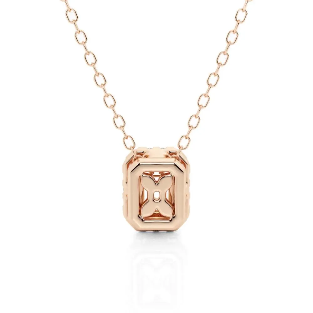 Emerald Cut Pavé Moissanite Halo Pendant Necklace