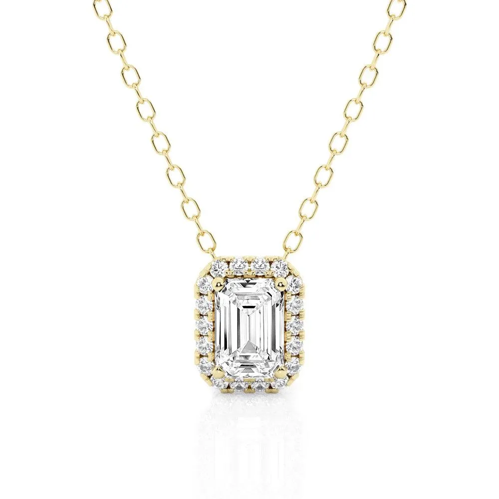 Emerald Cut Pavé Moissanite Halo Pendant Necklace