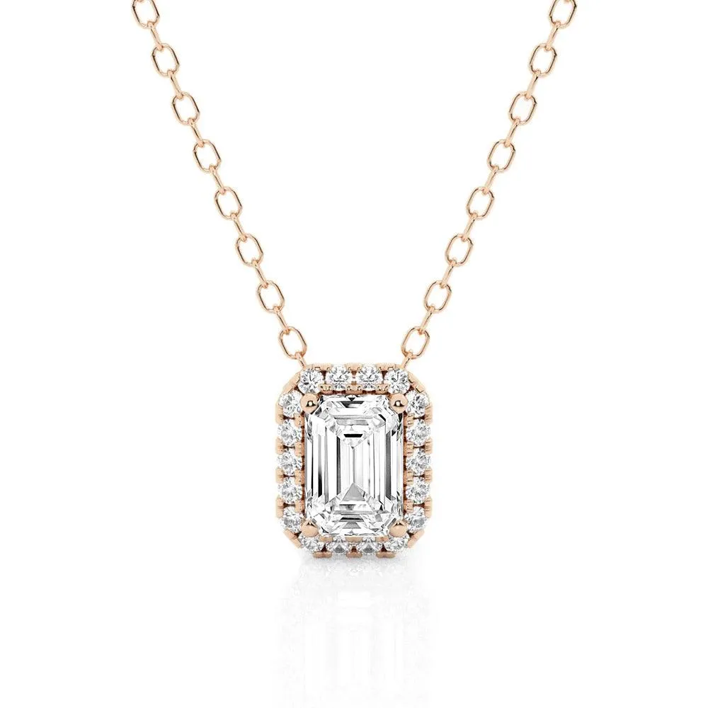 Emerald Cut Pavé Moissanite Halo Pendant Necklace