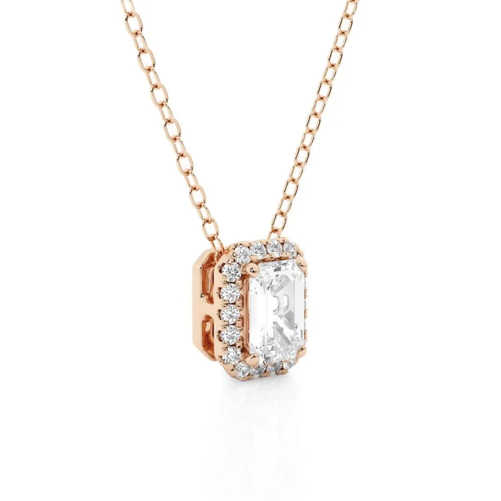 Emerald Cut Pavé Moissanite Halo Pendant Necklace