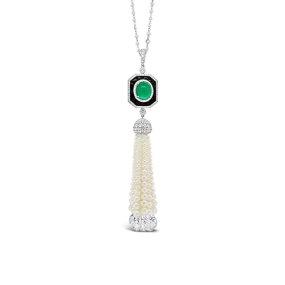 Emerald, Diamond & Pearl Tassel Necklace