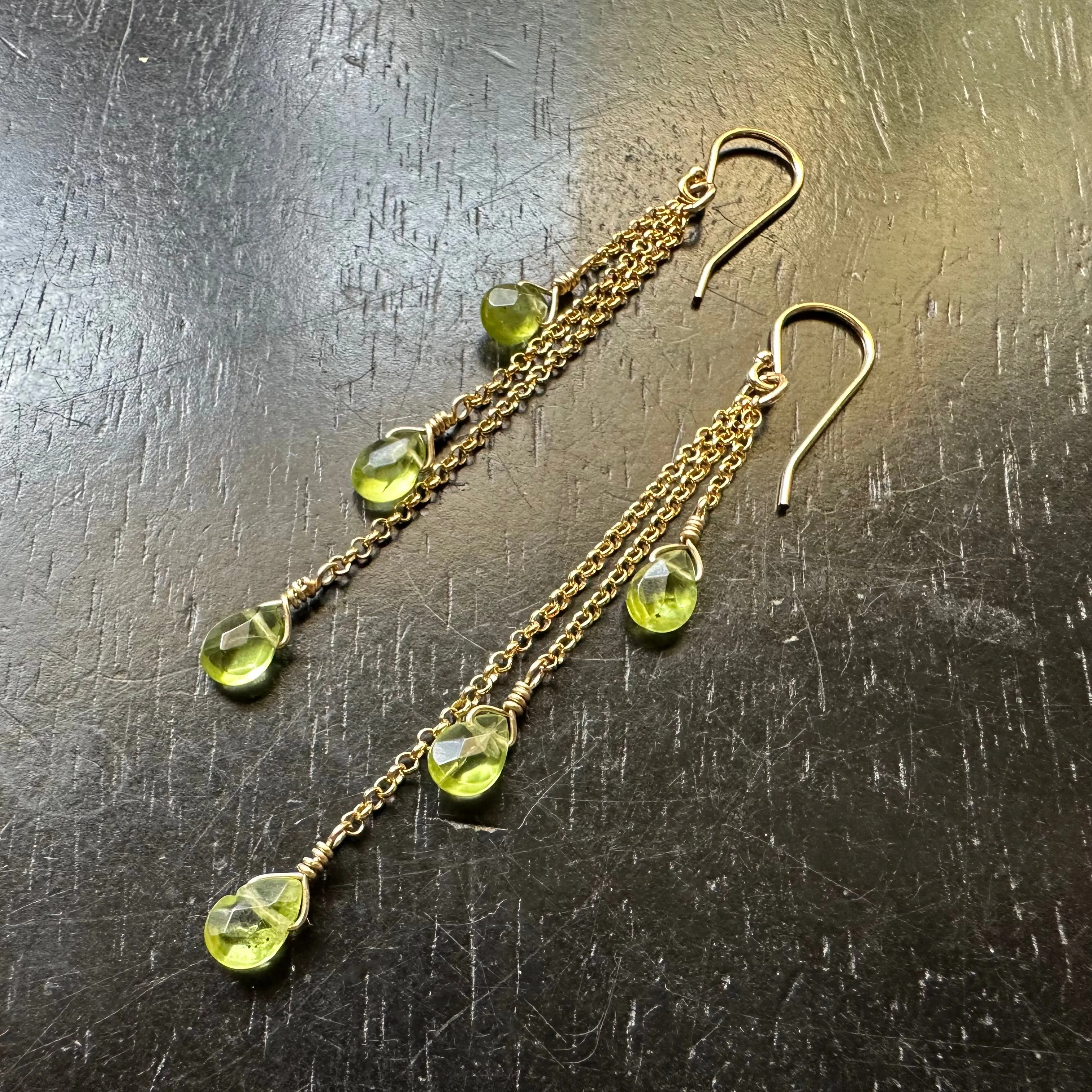 Faceted Peridot Dew Drop Earrings (AUGUST BIRTHSTONE) 14K GOLD chains
