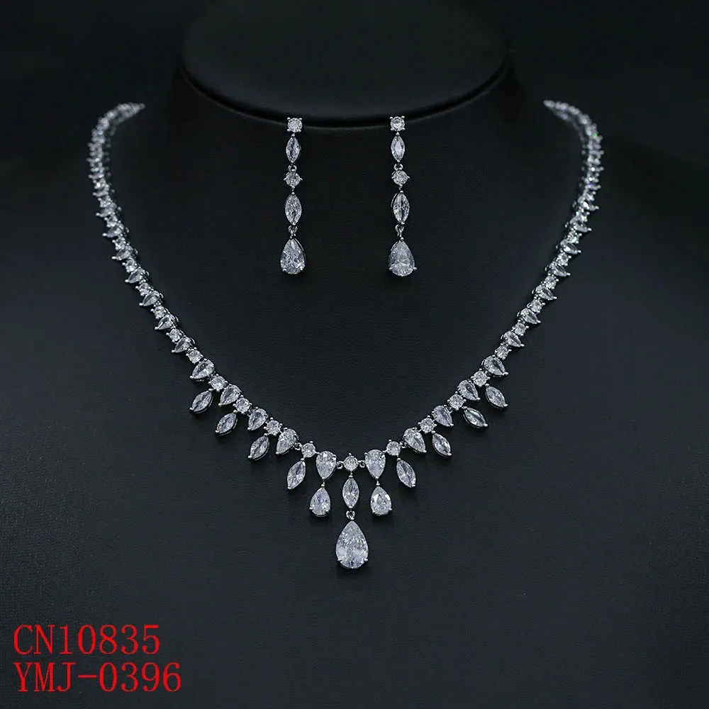 Fashion Simple Transparent CZ Shiny Water Drop Cubic Zirconia Wedding Party Necklace Earrings Jewelry Set CN10835