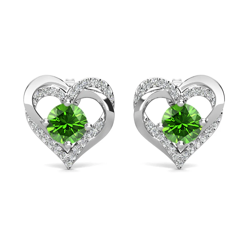 Forever August Birthstone Peridot Earrings 18k White Gold Plated Silver Double Heart Earrings with Swarovski Crystals